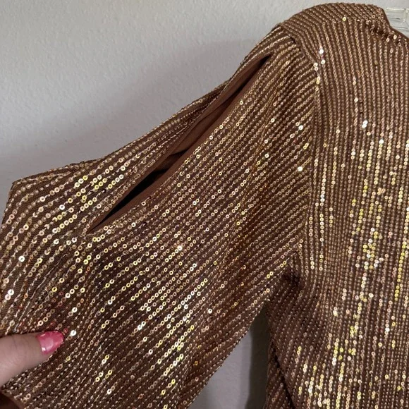 Grace Karin Sequin Top Women Medium Brown Glitter V-Neck 3/4 Sleeve Party Blouse - Picture 6 of 12